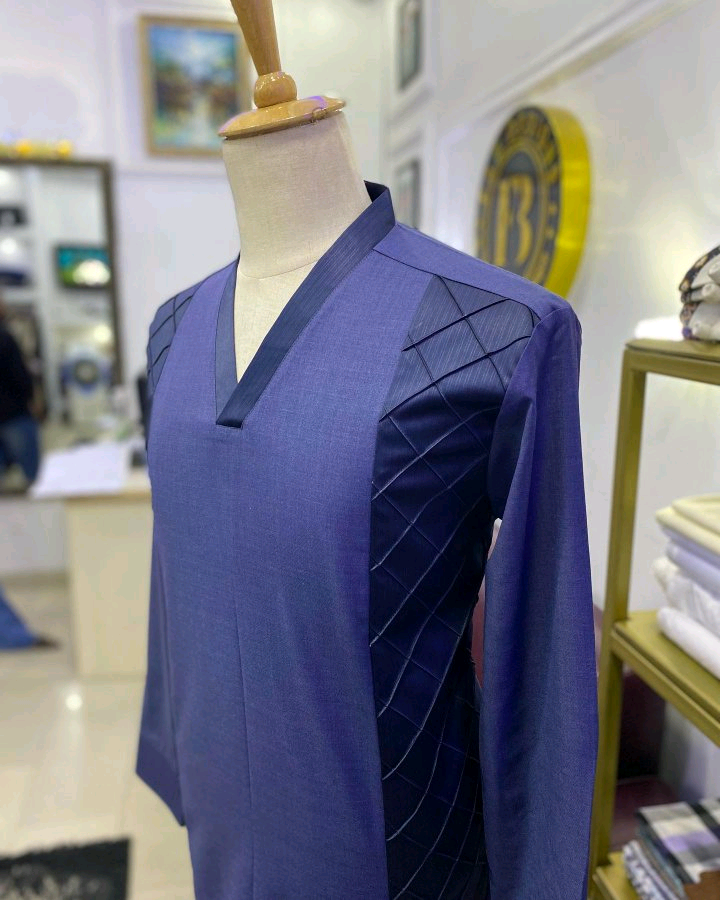 Blue African Kaftan with Diamond-Patterned Side Detail