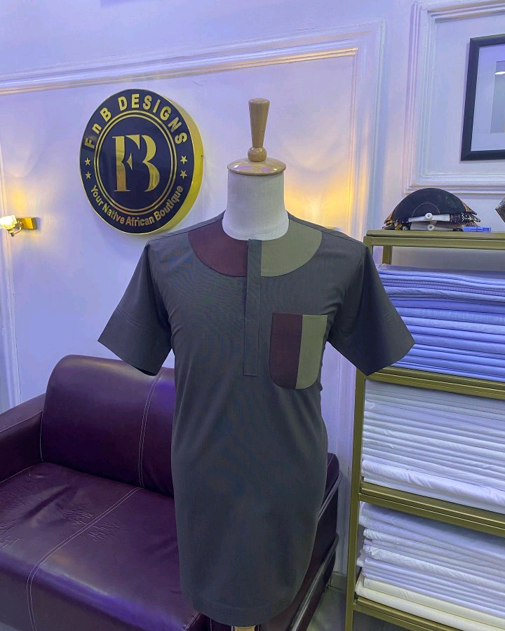 Olive Green African Kaftan with Two-Tone Chest Detail