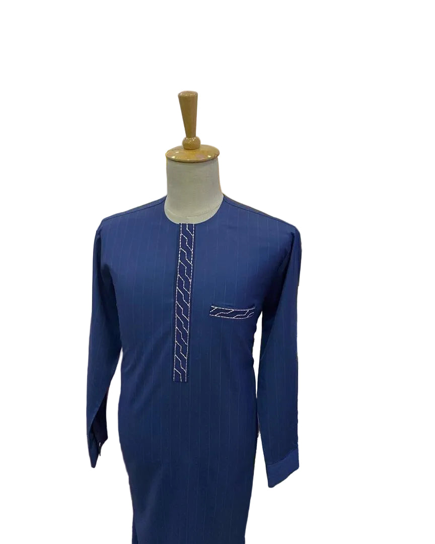 Navy blue long-sleeve African kaftan displayed on a mannequin with contrasting chest detail