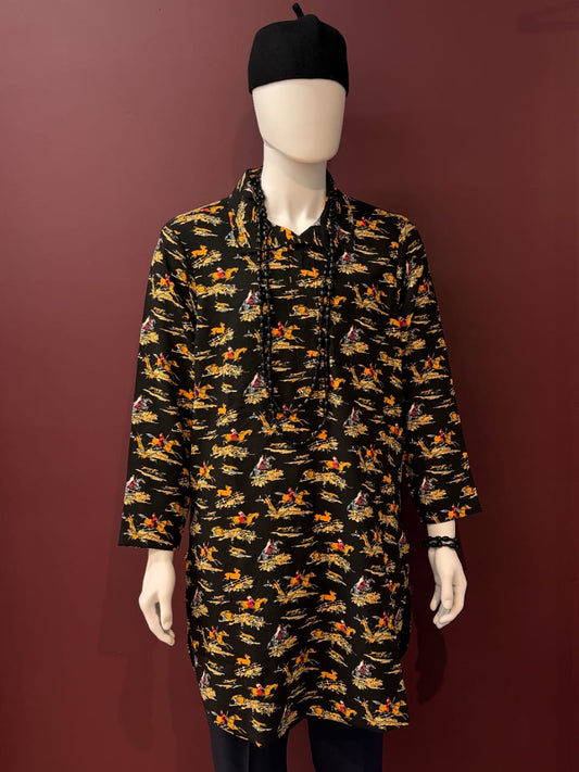 Black patterned Isiagu tunic for men with multicolour African-inspired design
