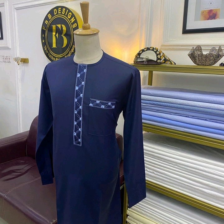 Navy Blue African Kaftan with White Patterned Detail