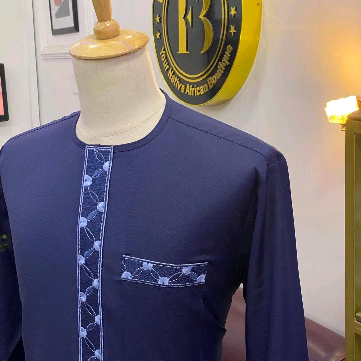 Navy Blue African Kaftan with White Patterned Detail
