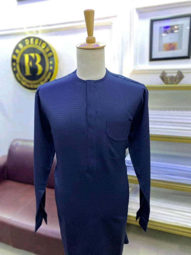 Navy Blue African Kaftan with White Patterned Detail
