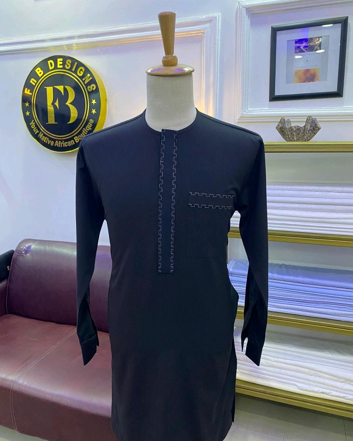 Navy Blue African Kaftan with White Patterned Detail