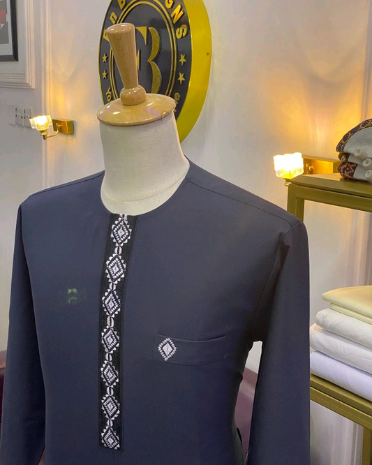 Dark Navy African Kaftan with Geometric Front Detail