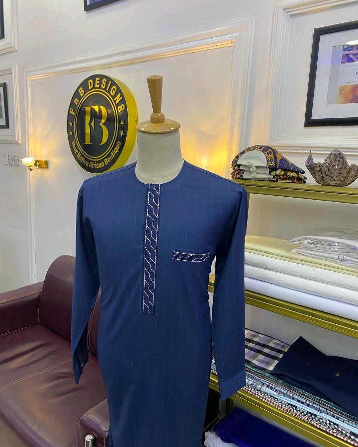 Navy Blue African Kaftan with White Patterned Detail