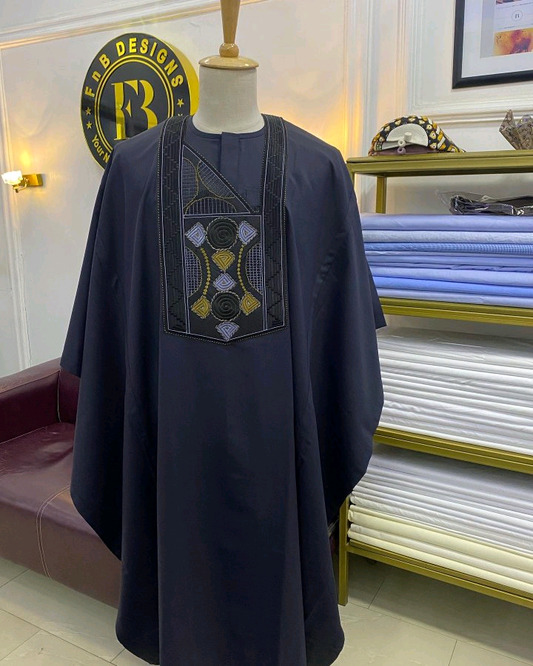 Navy embroidered Agbada for men with geometric black gold and silver chest detailing