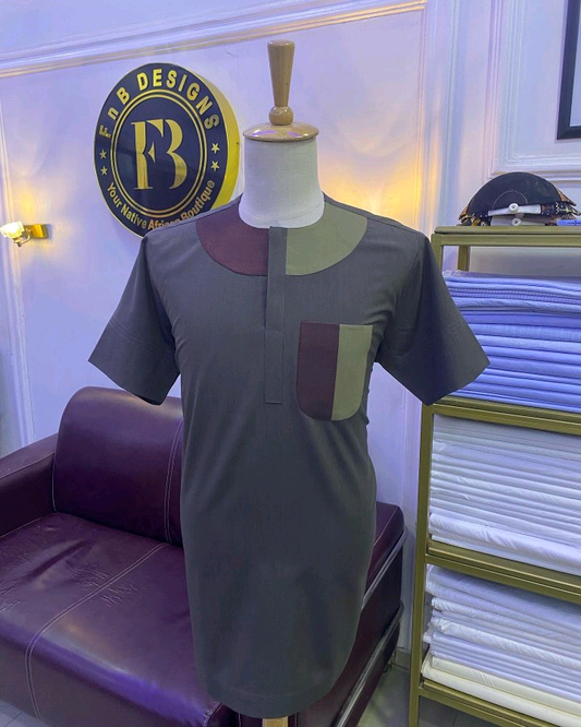 Olive Green African Kaftan with Two-Tone Chest Detail
