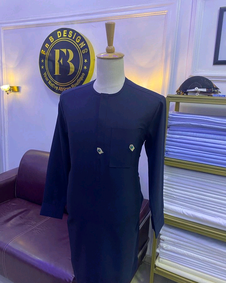 Navy Blue African Kaftan with White Patterned Detail
