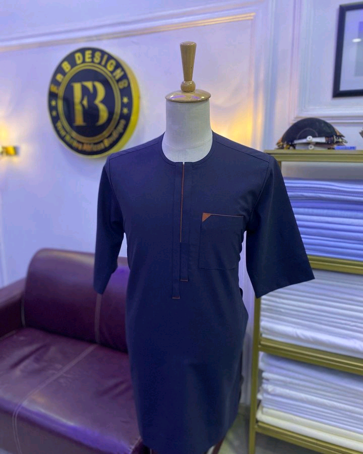 Navy Blue African Kaftan with White Patterned Detail