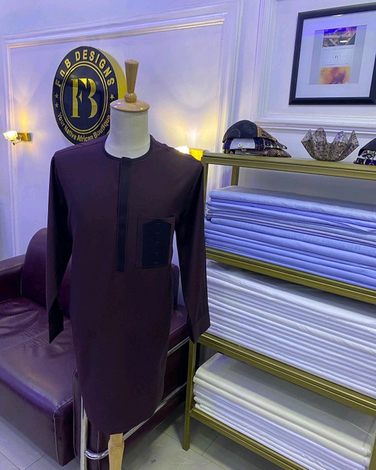 Dark Brown African Kaftan with Contrast Chest Pocket