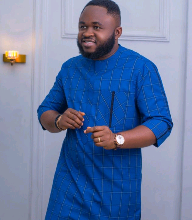 Blue Check-Patterned African Kaftan for Men
