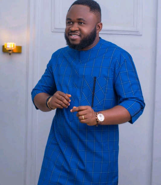 Blue Check-Patterned African Kaftan for Men