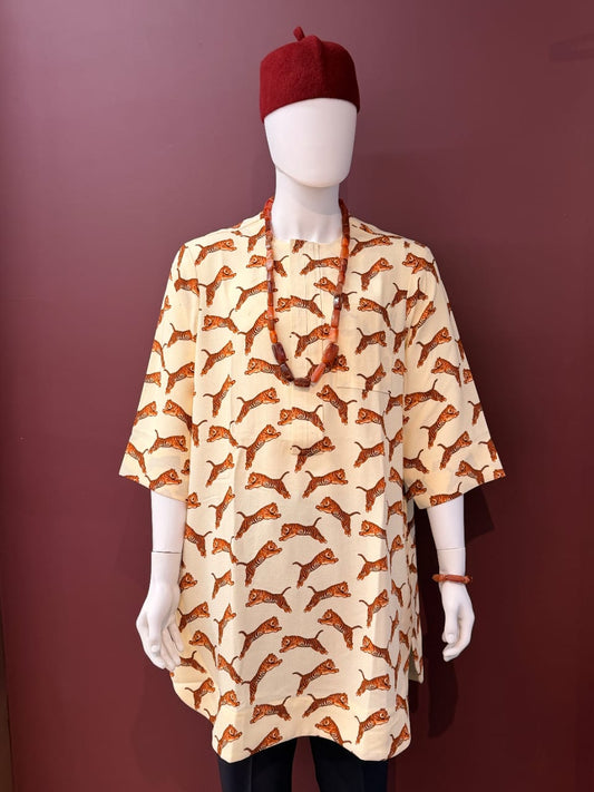 Cream tiger print Isiagu tunic for men with orange and brown patterned design
