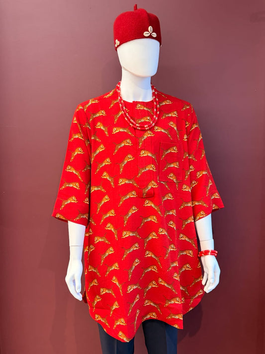 Red Tiger Print Isiagu Shirt for Men