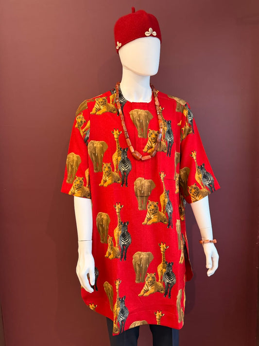 Red African animal print Isiagu shirt for men featuring elephant, tiger, zebra and giraffe patterns