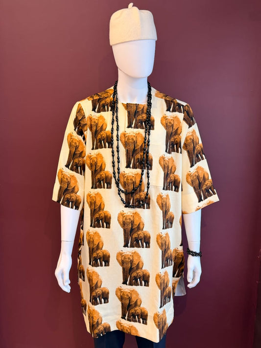 Ivory elephant print Isiagu shirt for men with African-inspired pattern and relaxed fit