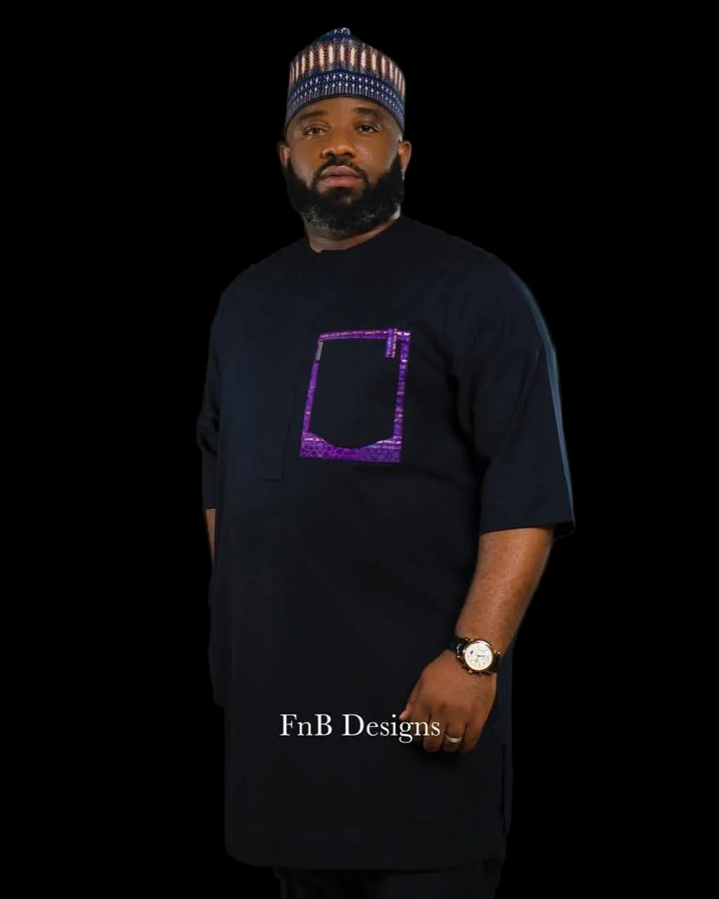 Men’s Navy Blue Senator Kaftan Set with Red Accent