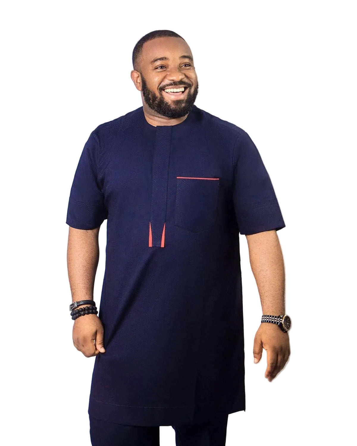 Men’s Navy Blue Senator Kaftan Set with Coral Red Accents