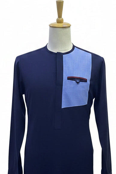 Navy blue men's African kaftan with light blue chest panel and burgundy accent