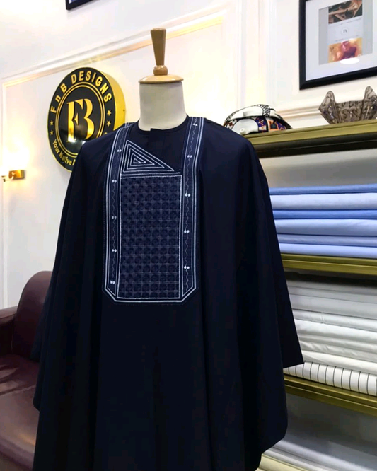 Navy blue men’s Agbada with geometric embroidered front panel